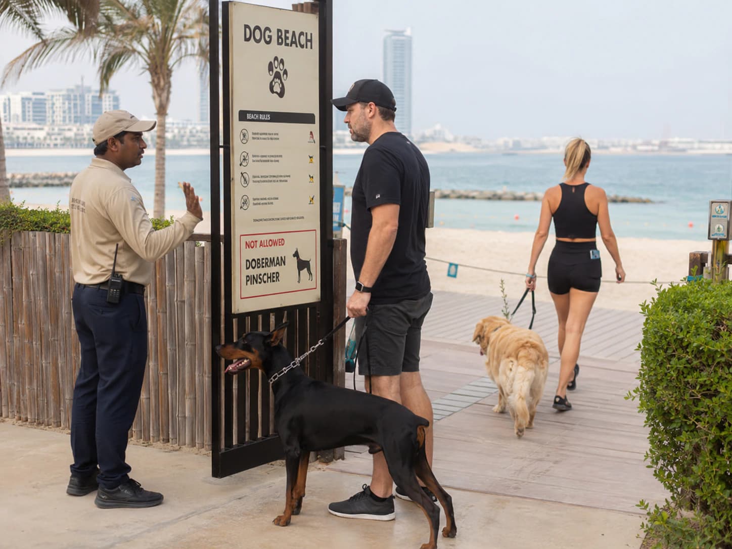 Illustration: a beach attendant stops a man with a Doberman at a UAE dog-beach gate as a Golden Retriever walks straight through.